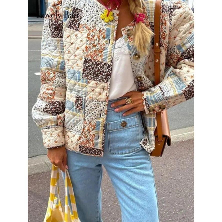 Красочные хлопковые куртки с ретро-принтом, женские однобортные пальто с круглым вырезом и длинными рукавами, осень-зима, женская повседневная уличная одежда