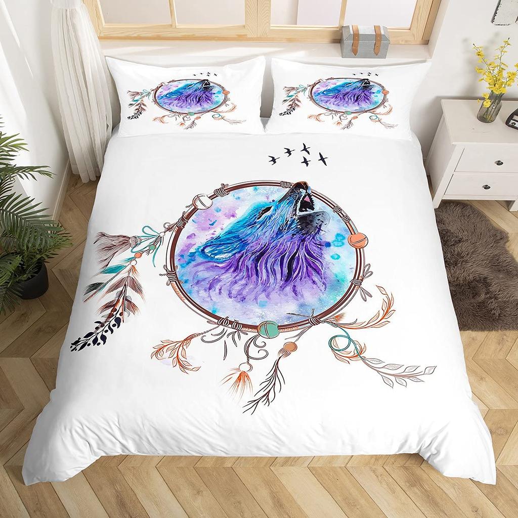 Dream Catcher Duvet Cover Set Purple Bedding Set Chic Boho Mandala Floral Feather Design Galaxy Comforter Cover Set Queen Size