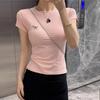 Korean Style Color Block Slim Fit T-Shirt with Bow Neck and Embroidery