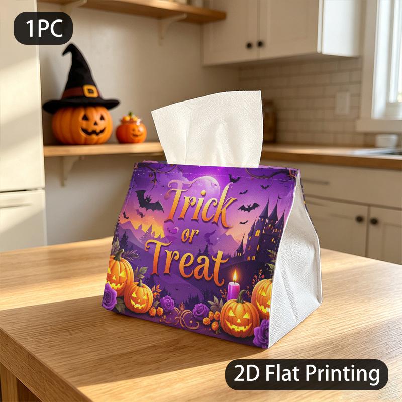 1pc Tissue Box, Fantasy Spooky for halloween Trick Or Treat Pattern, 2D Flat Printing, Polyester Fabric, Built to Last, Napkin Box, for Halloween