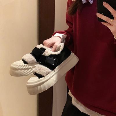 Пушистые туфли на толстой подошве, вельветовые на липучке, утолщенные, теплые, повседневные туфли-бисквиты, женские, зимние, кожаные, цельные, бесплатная доставка