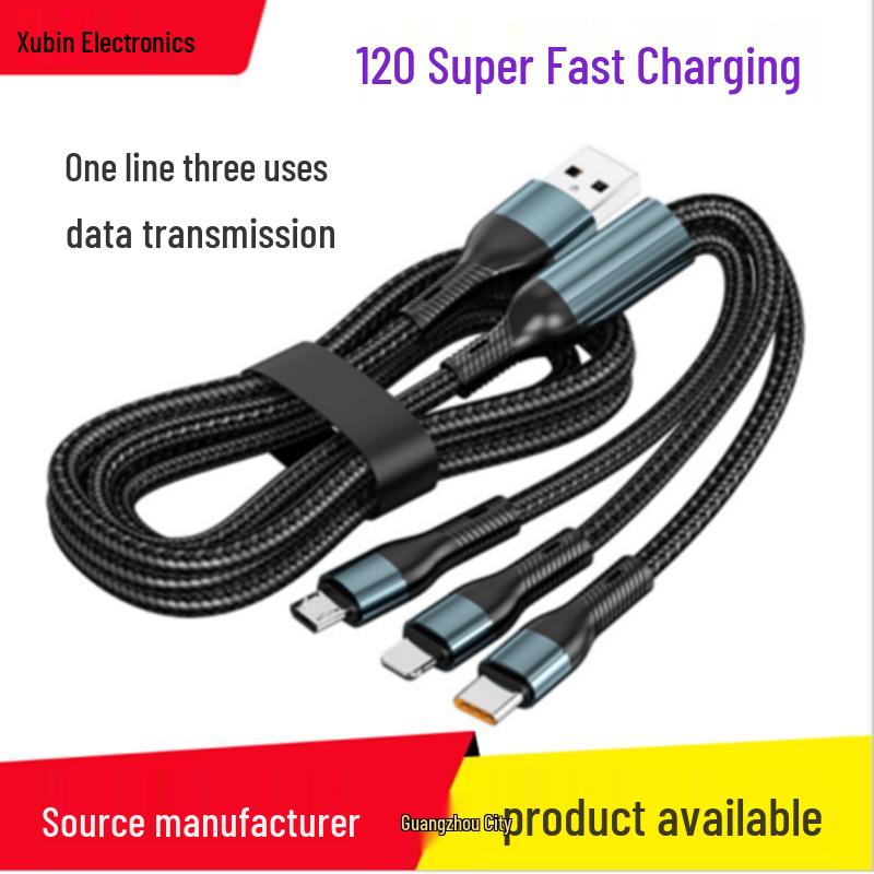 120W Braided 3-in-1 Charging Cable for iPhone, Android, and Type-C Devices