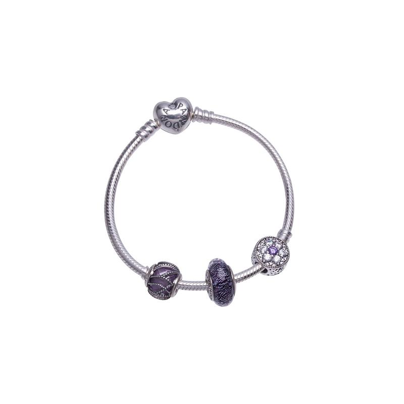 Pandora Purple Sparkling Glass Forget-Me-Not Snake Bone 925 Silver Bracelet Women's Silver PAND00042-OP
