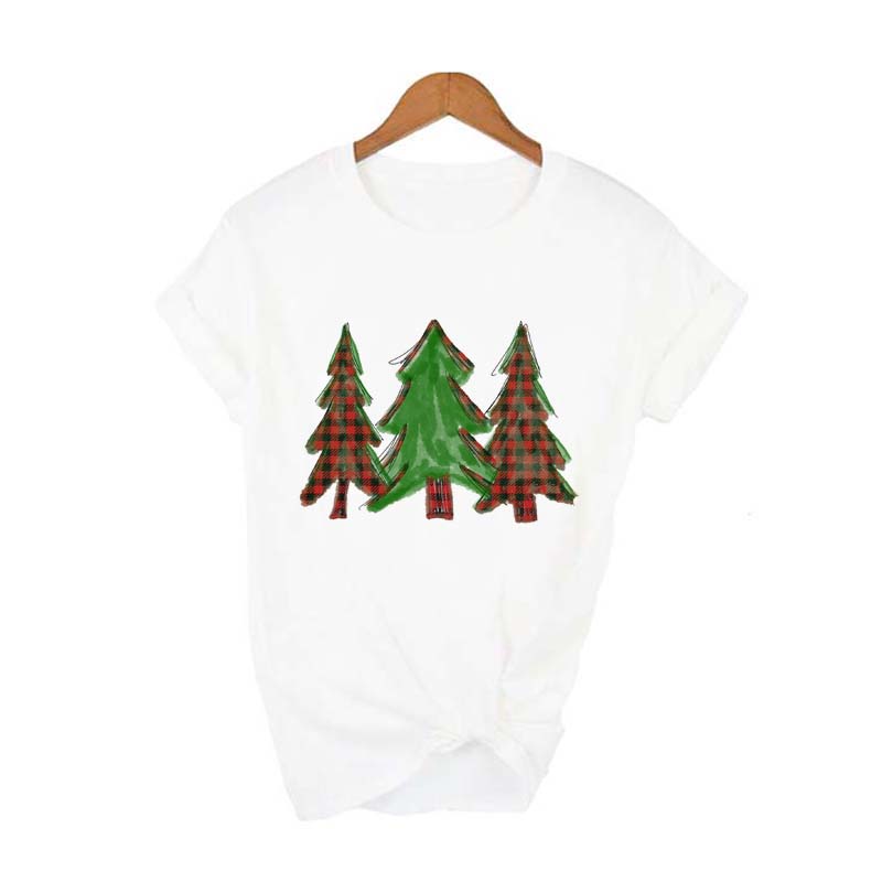Merry Christmas Plaid Tree Printed T Shirt Fashion Graphic Women Top Tshirt Female Kawaii Tee Ladies