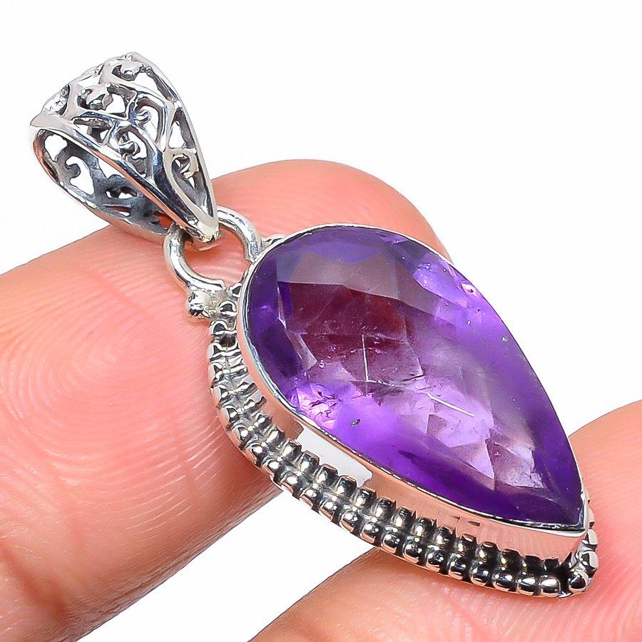 Натуральный африканский аметист драгоценный камень 925 пробы стерлинговое серебро кулон 1,50" Y3J89