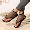 Fashion Summer Fishnet Flat Shoes Woman Bling Rhinestone Covered Mesh Sandals Ladies Chic Hollow Out Glitter Lace Flip Flops Plus Size