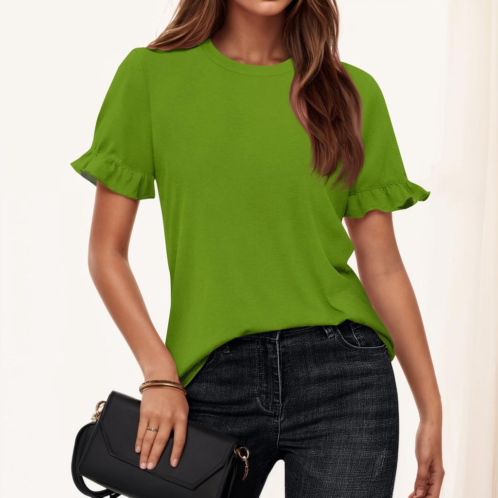 Ladies Summer Solid Color Short Sleeve Ruffle Round Neck T-Shirt