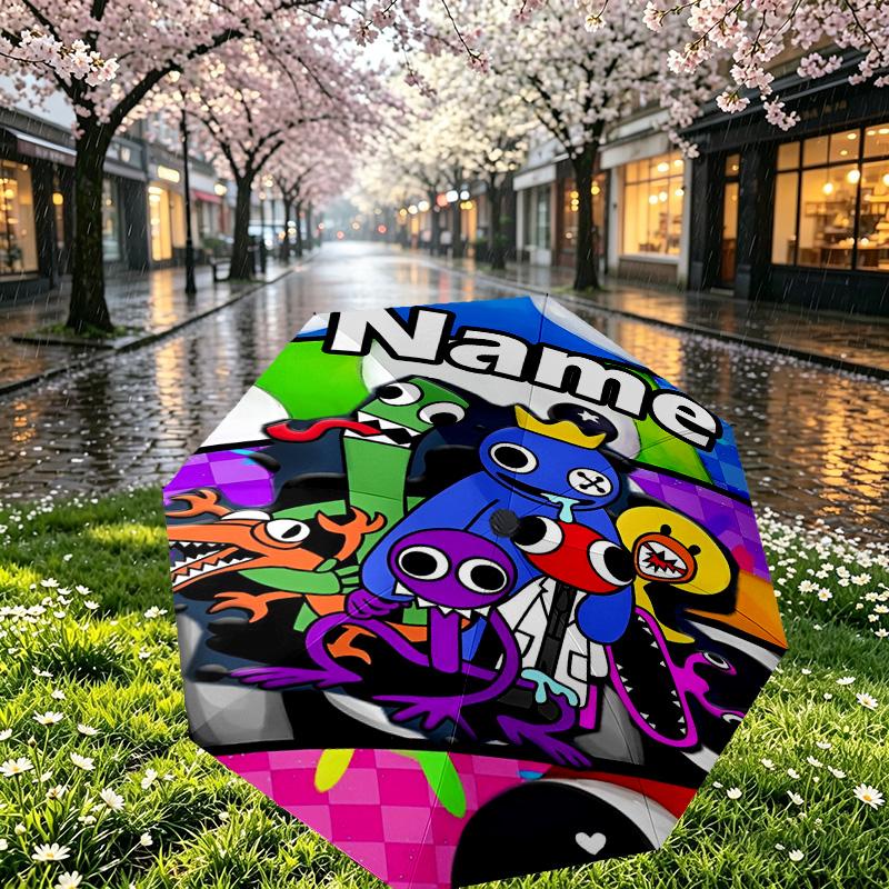 Custom Name Personalized Game Rainbow Friends Print Umbrella, Auto Open Close, 8‑Rib Sturdy Frame, Commute Camping Hiking Use, Birthday Gift