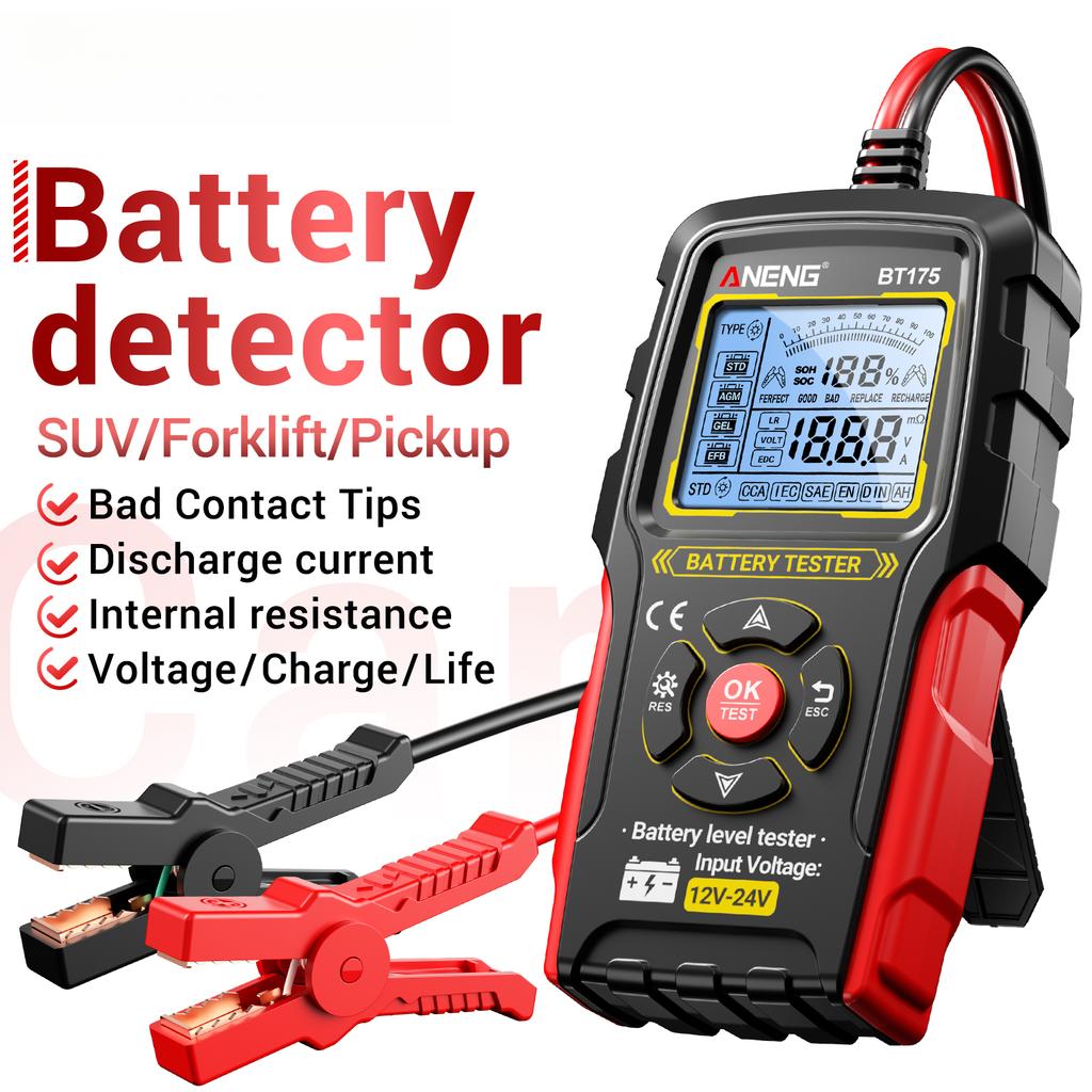 BT175 12V 24V Car Battery Tester Digital Automotive Battery Alternator Analyzer Lead-Acid Battery Load Tester with Backlit Screen Insulated All