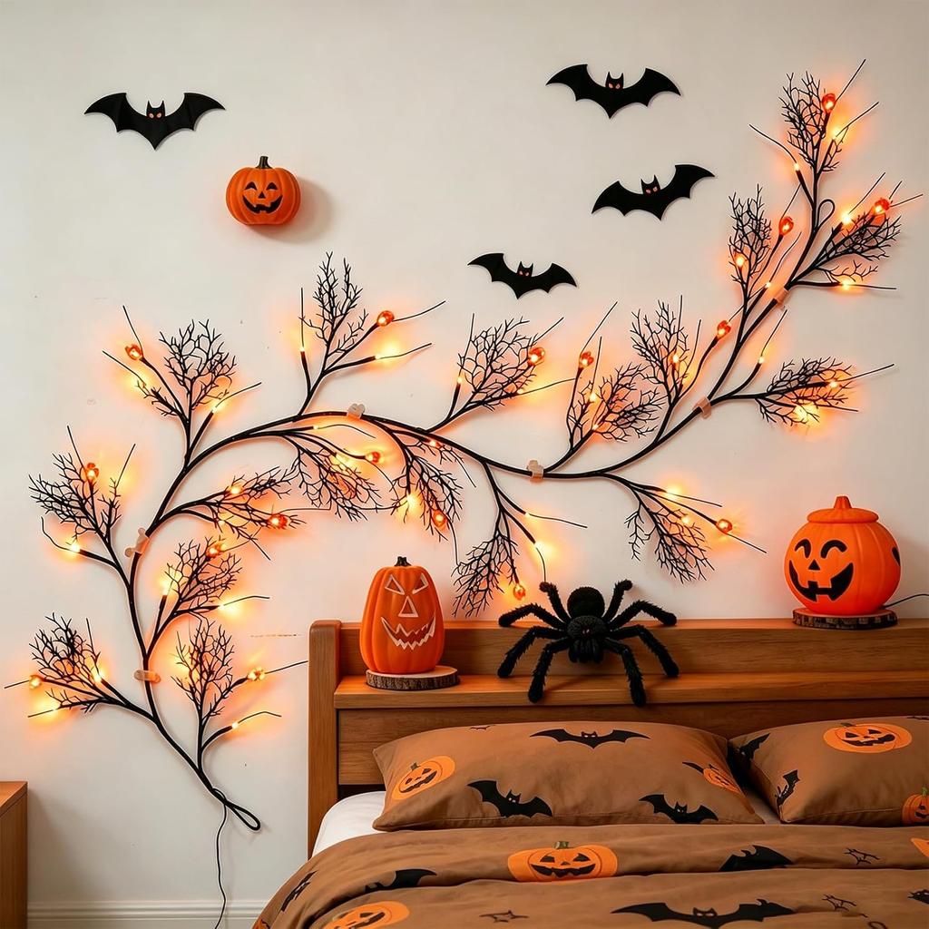 Fall Willow Vine Lights for Wall, 5.9FT 96LEDs Maple Leaves Tree Branch Lights with 8 Lighting Modes, Battery Operated Branch Lights for Fireplace