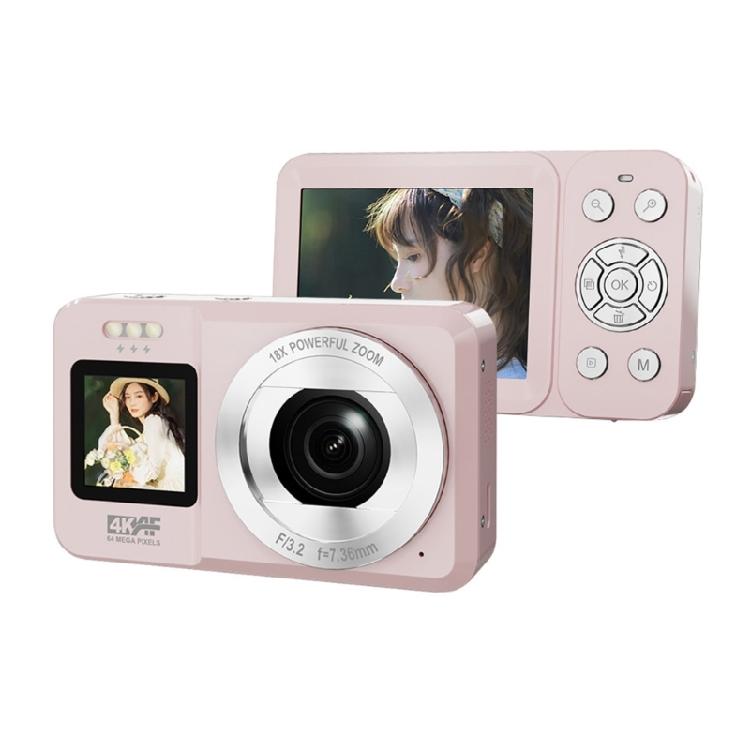 Double Screen Selfie Camera 4K 64MP 18X Zoom Portable Digital Camera Pink for Vloggings School Trip