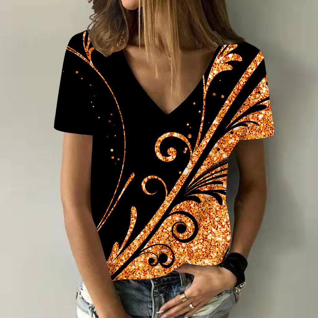 Футболки с абстрактным цветочным принтом 3D, женская мода, барокко, цветочные, свободного покроя, с V-образным вырезом, женская уличная одежда, женские футболки, топы