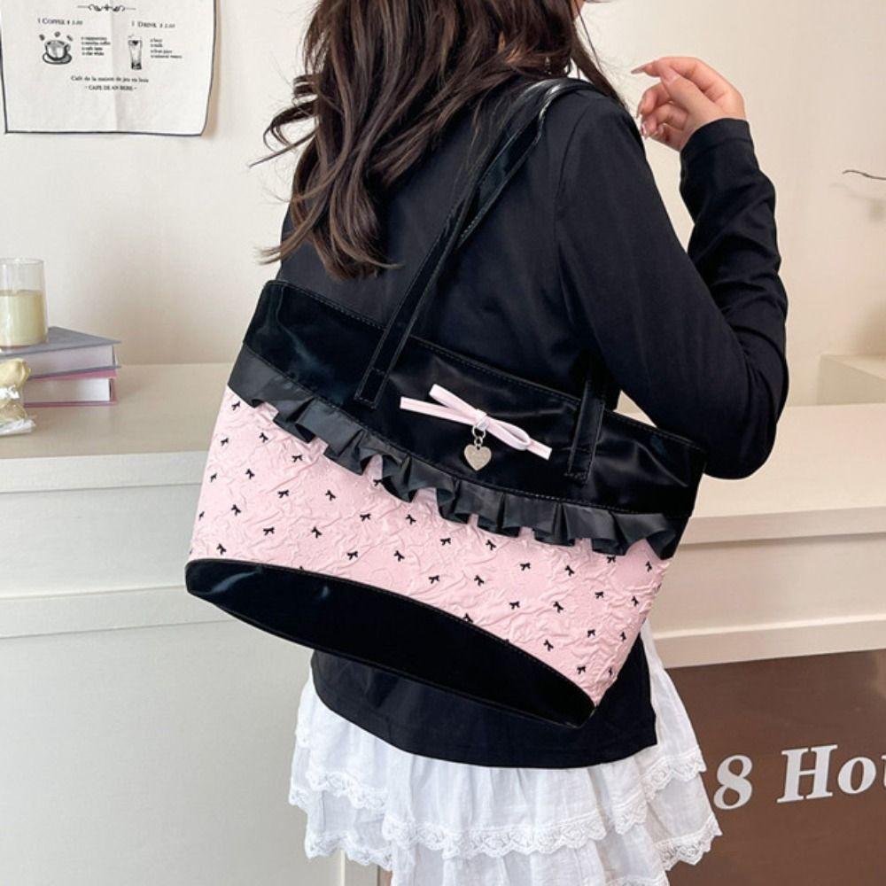 Rural Style Lace Bow Shoulder Bag Lattice Commuting Tote Bag Portable Denim Plaid Handbag  Women