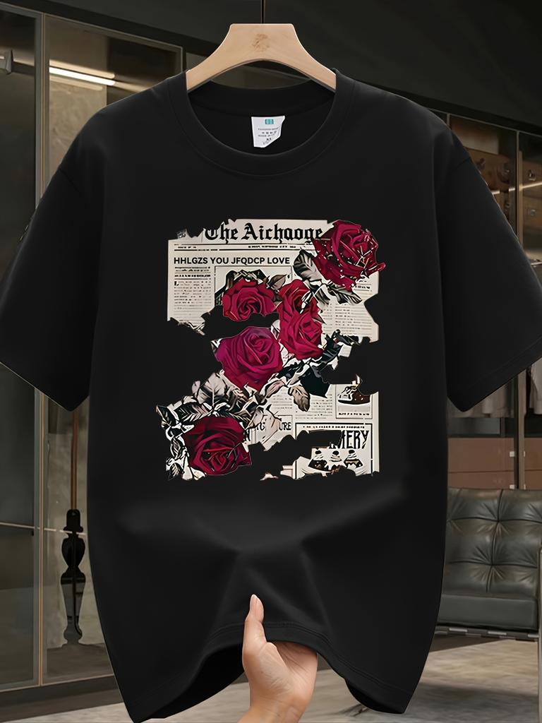 Danqi Yoyo Mens Summer Retro Rose Print Tshirt 100 Cotton Loose Street Style Short Sleeve Shirt Ideal For Daily Casual Wear