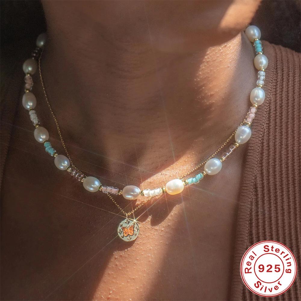 S925 стерлингового серебра Wind Круглый бренд бриллиантовая оправа Fun Butterfly Drop Oil Youth Vitality Clavicle Chain Дамское ожерелье