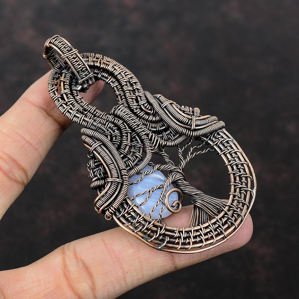 Подвеска из голубого кружевного агата «Дерево жизни», подвеска из медной проволоки, ручная работа, медные украшения, подвеска из драгоценных камней, подвеска из проволоки, подарок для матери