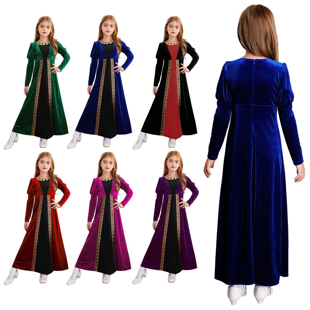 Girls Renaissance Princess Dress Velvet Long Sleeve Gold Flower Patchwork Medieval Retro Party Costume