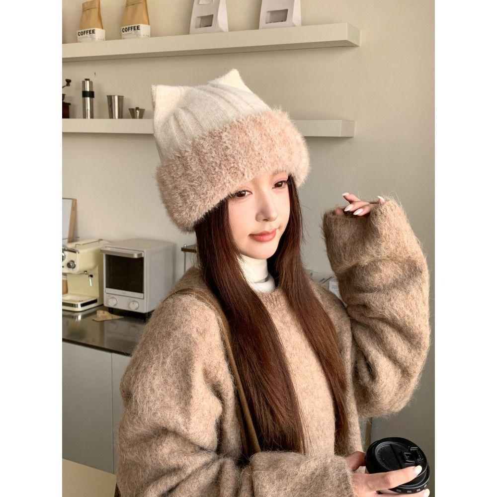 Faux Rabbit Fur Ear Protection Hat Warm Fluffy Cat Ear Beanie Cozy Knitted Beanie Hat For Women
