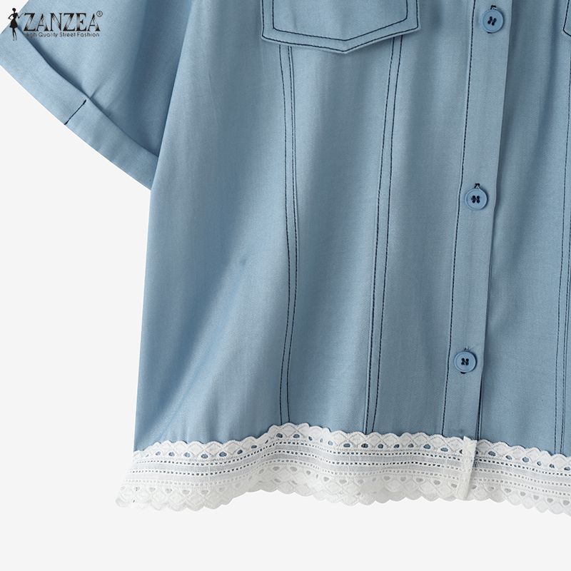 ZANZEA Женская повседневная летняя блузка с круглым вырезом и коротким рукавом