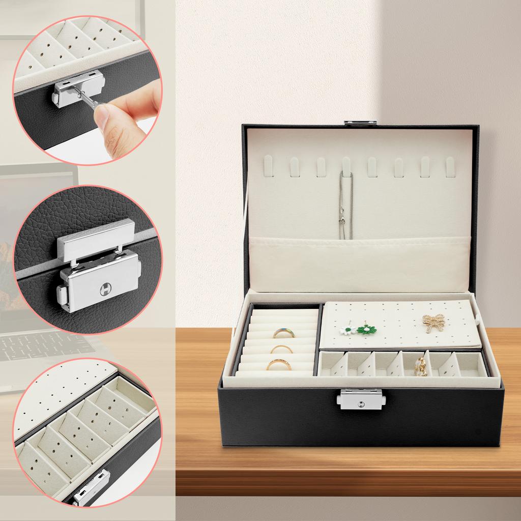 Большая шкатулка для хранения украшений 2 яруса Шкатулки для хранения украшений с замком Для украшений Ожерелье Серьги Браслет Кожаные шкатулки для украшений