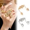 Women Hand Jewelry Rhinestone Flower Link Chain Ring, Bling Floral Leaf Full Finger Ring Statement with Chain, Adjustable Open for Girls