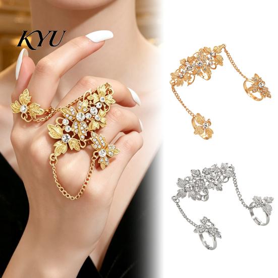 Women Hand Jewelry Rhinestone Flower Link Chain Ring, Bling Floral Leaf Full Finger Ring Statement with Chain, Adjustable Open for Girls
