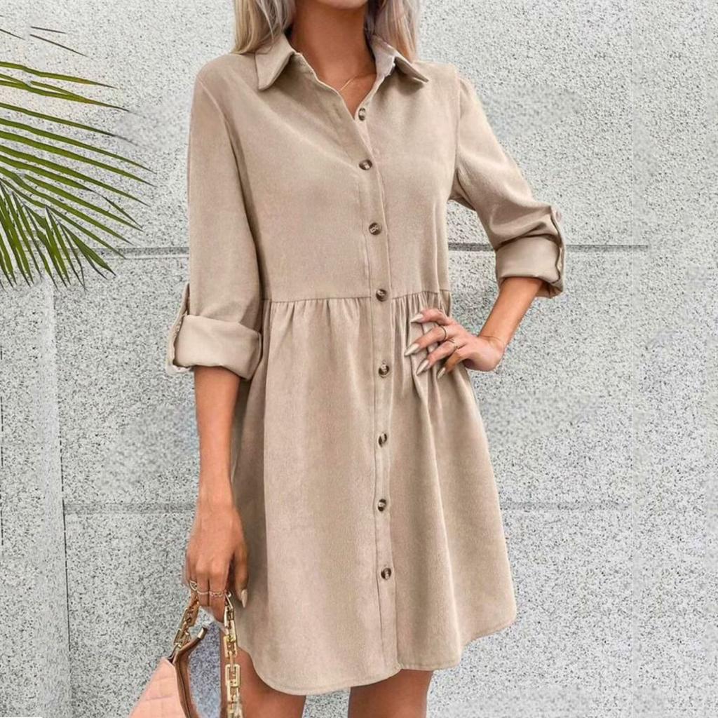Women's Casual And Fashionable Long Sleeved Lapel Single Breasted Skirt Type Shirt Dress