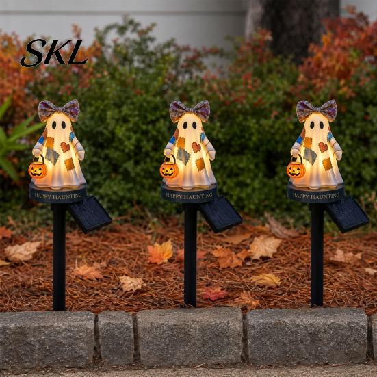 Waterproof Garden Light Solar Ghost Stake Light, Halloween Pumpkin Lantern with Bow Ground Lamp Decor, Resin Outdoor Yard for Lawn Pathway Mini
