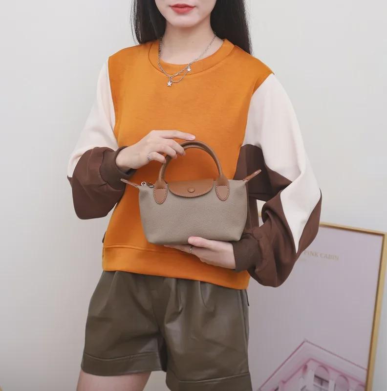 Women's Fashion Shoulder Bag: Genuine Leather Cowhide Dumpling Handbag with Contrast Colors