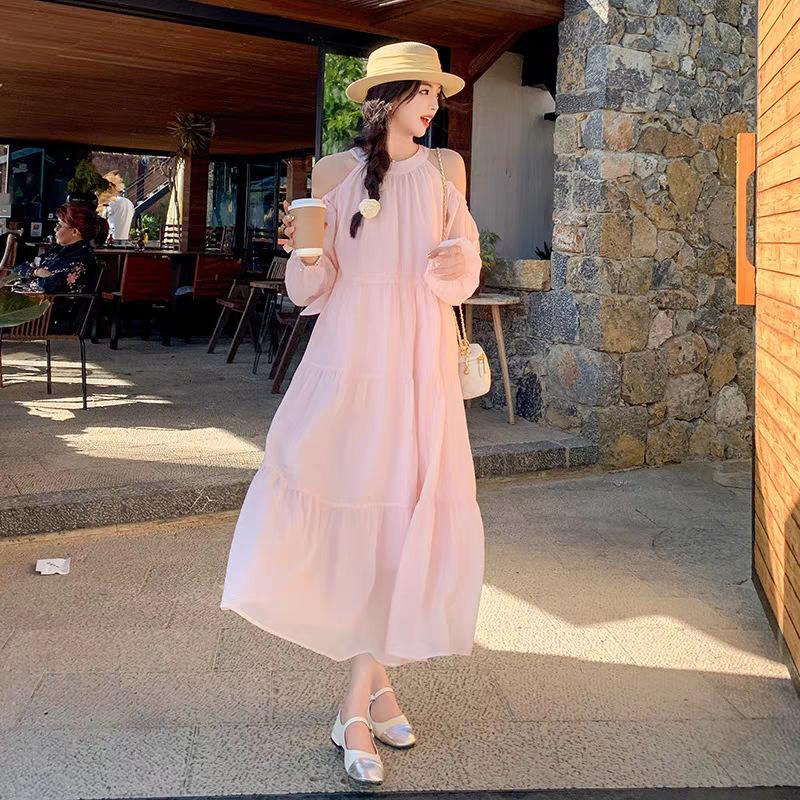 Светло-голубое платье для отпуска на море женское летнее новые модели популярны в этом году, красивое и милое платье-фея с открытыми плечами