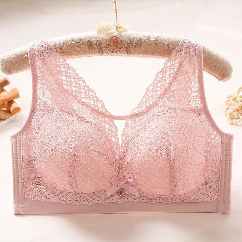 Women's Large Size Bras Ultra-thin Lace Underwireless Bras Breathable Gathered Adjustment Large Cup Bras