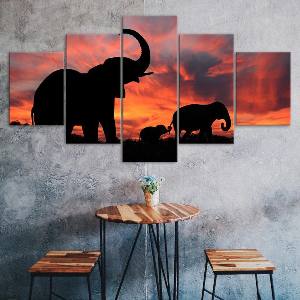 Elephant Silhouette Beautiful Sunset Scenery 5 Piece Canvas Wall Art Multi Panel Print Modern Poster Home Decor Picture Gift For Him For Her