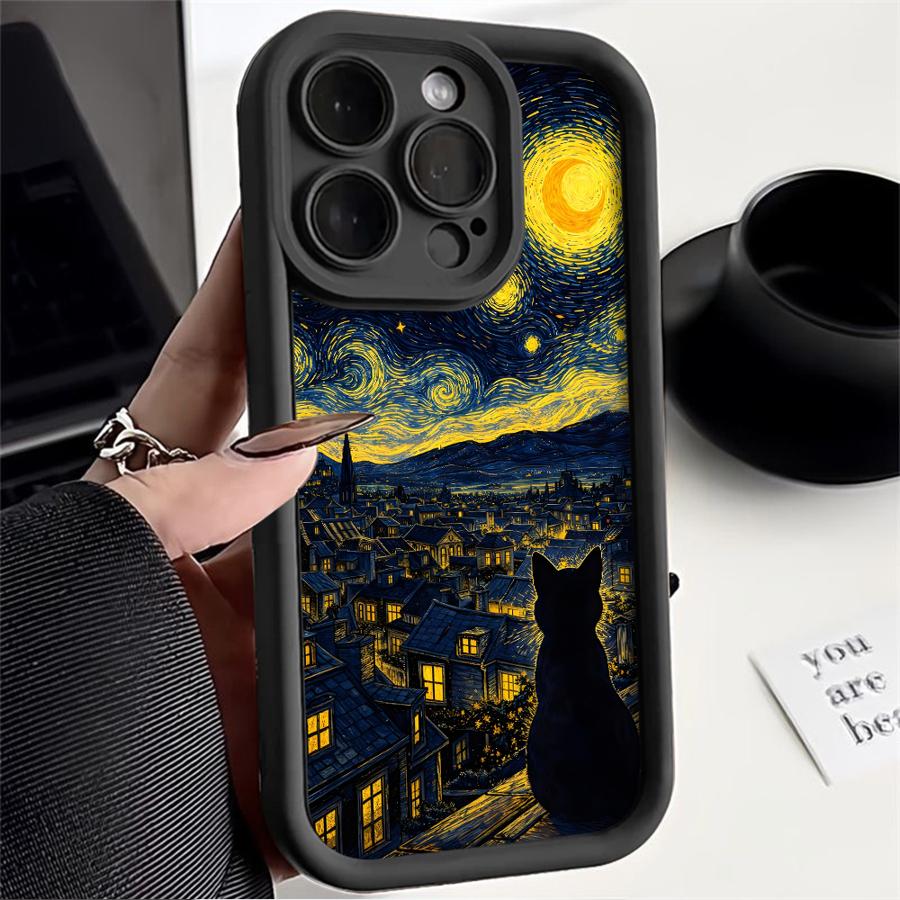 Черный Ночной Звездный Кот Чехол для iPhone 17 Pro Max 16 17e 11 15 Plus 12 Pro 14 Air 13 Чехол для Телефона