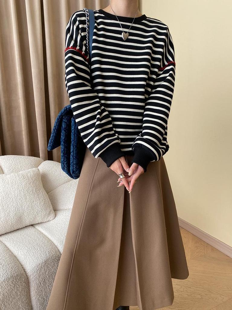 Синан Французский Полосатый Контрастный Круглый вырез Свободный Плюс Бархатный Свитшот SN4694