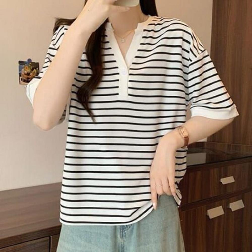 Navava Women Casual STriped Trim Neck ShorT Sleeve T shirT nT2545