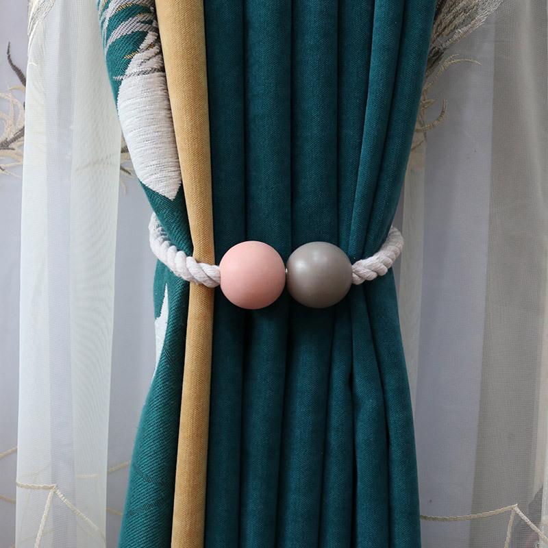Hole-free curtain straps, decorative wooden bead magnetic buckles, creative wooden macaron curtain magnet buckle straps
