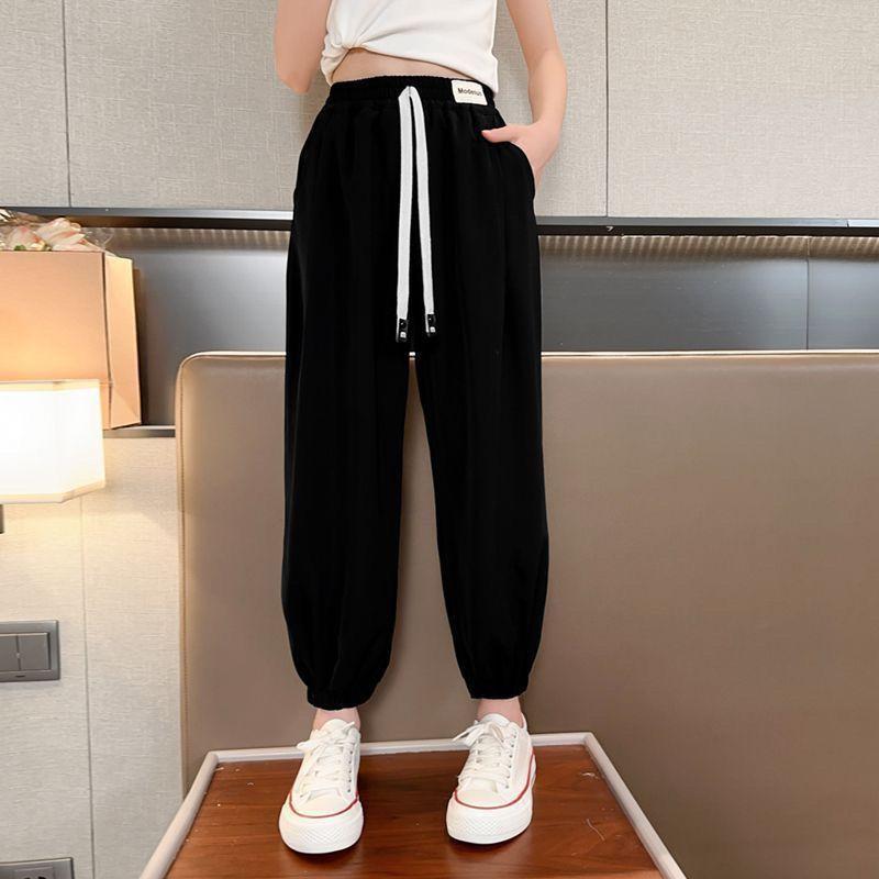 Брюки для девочек, летние детские брюки из искусственного шелка с защитой от комаров, летняя одежда, длинные брюки с защитой от солнца, тонкий дизайн, манжеты на шнурках