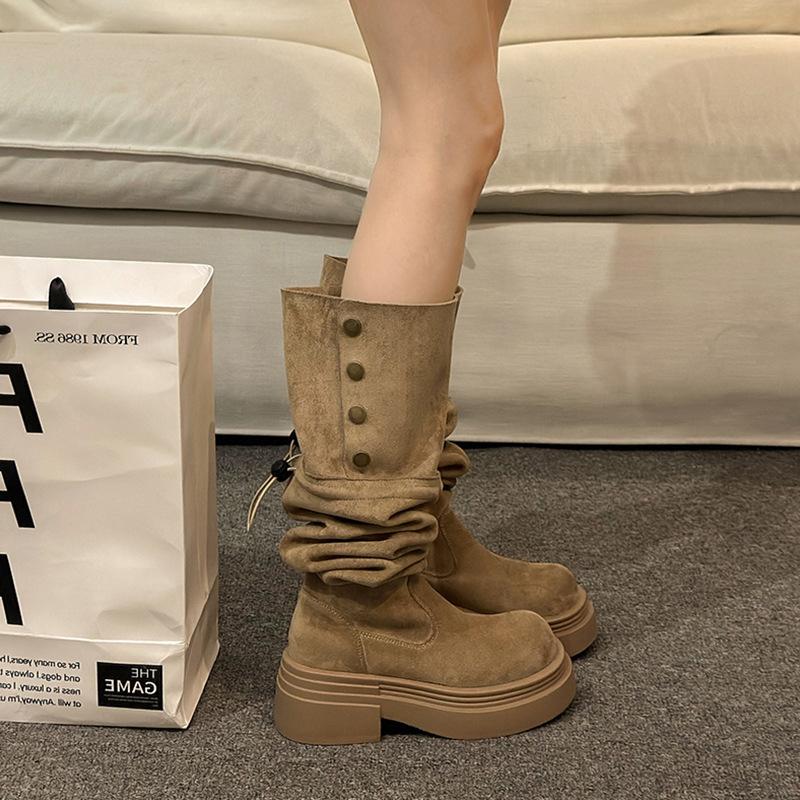 Коричневые двухслойные сапоги на толстой подошве, популярные детские осенне-зимние новые рыцарские сапоги до колена на толстом каблуке в 2024 году