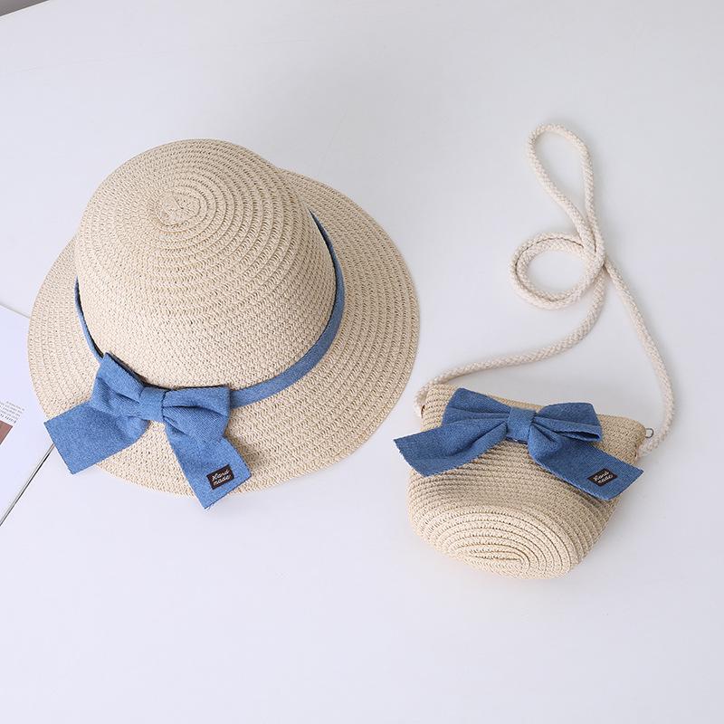 New Summer Baby Girls Straw Hat And Shoulder Bag 2pcs Set Parent-child Wide Brim Lace Holiday Beach Sun Hats Outdoor Bucket Cap