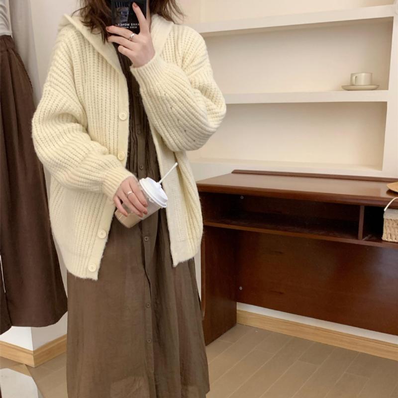 Корейская версия с капюшоном, толстый ленивый стиль, свитер, куртка, кардиган, женская осенне-зимняя свободная верхняя одежда, большая шапка, вязаный свитер
