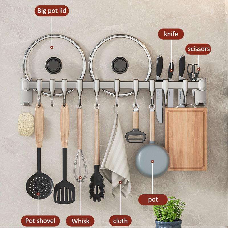 Kitchen Storage Rack Non-perforated Shelves Wall Mounted with Movable Hook Spoon Holder Organizer Kitchen Utensil Accessories