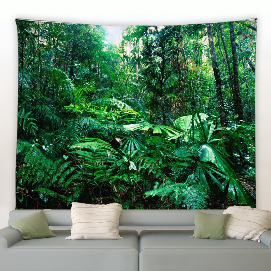 Tropical Jungle Green Leaf Landscape Tapestry Natural Mountain River Plant Tree Wall Hanging Picnic Mat Room Home Decoration