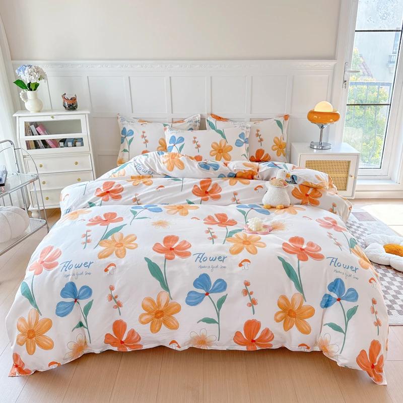 Цветочный пододеяльник в садовом стиле, 100% хлопок, бохо-эстетика, зеленый, с рисунком из разноцветных цветов, 3 предмета