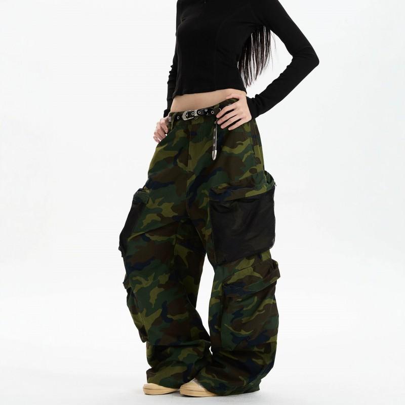 Womens Camo Cargo Jeans High Street Sporty Wide Leg Loose Fit Casual Pants