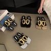 Women's Fashion Low Heel Sandals Women's Summer New Square Head Clip Toe Metal Square Buckle Temperament Flip-flops
