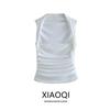 European and American Summer New Women Clothes Neck Collar Sleeveless Slim Fit Short Pleat Knit Vest Top 2694636