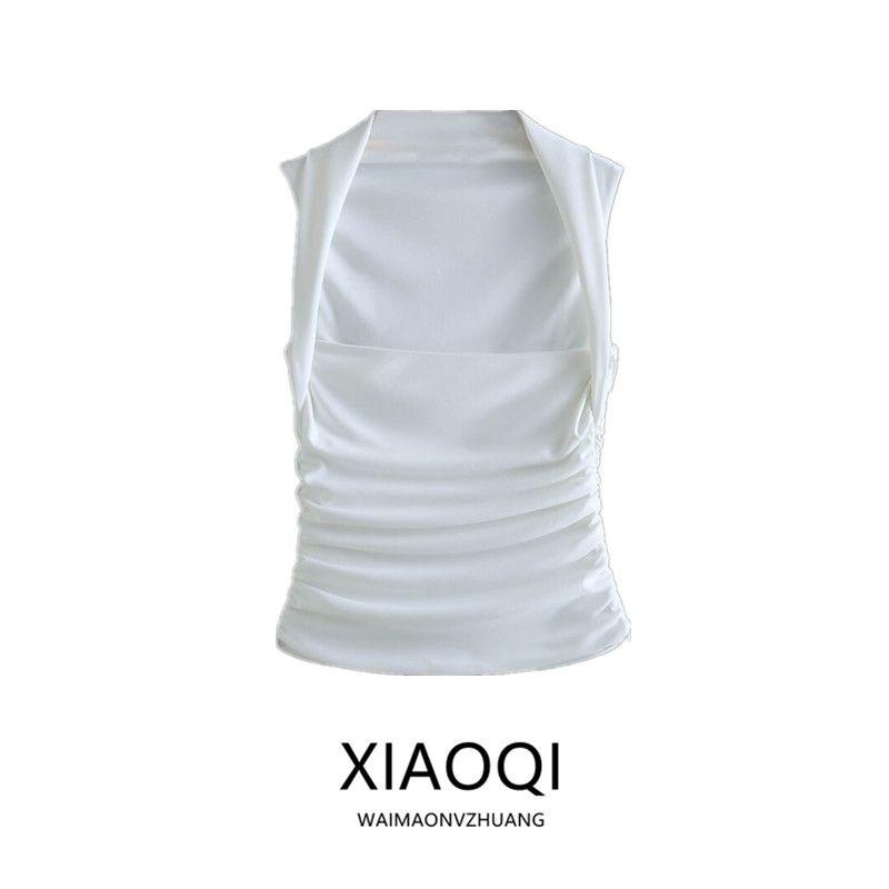 European and American Summer New Women Clothes Neck Collar Sleeveless Slim Fit Short Pleat Knit Vest Top 2694636