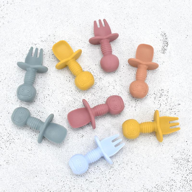 2pcs/set Food Grade Silicone Mini Fork Spoon For Baby Animal Print Utensils Set Feeding Spoon Learn To Eat Children's Tableware