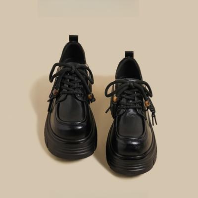 2025 осень новые толстые лоферы на высоком каблуке женские черные на платформе шнуровка британский стиль колледж jk ретро маленькие кожаные туфли