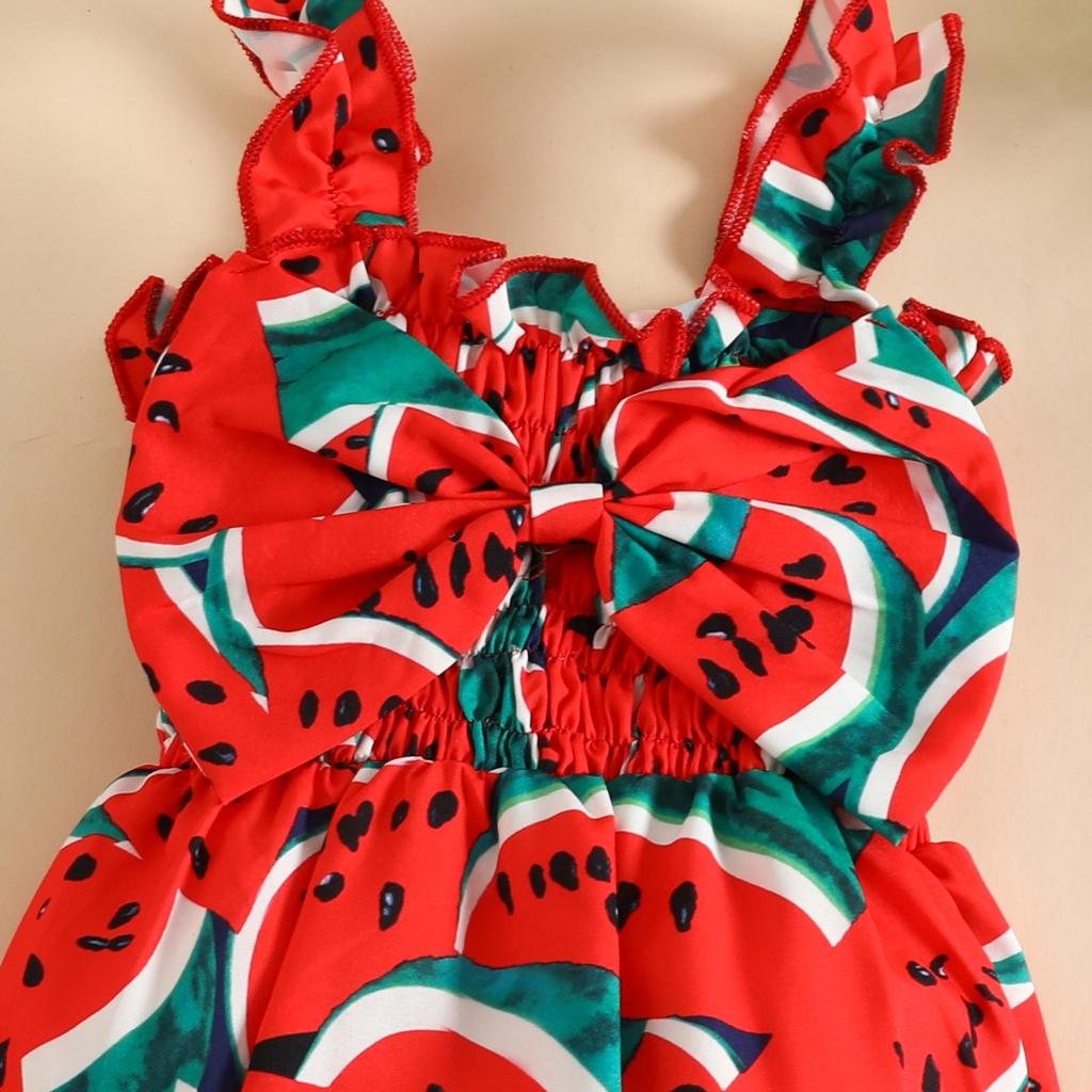 Toddler Baby Girl Jumpsuit Set Summer Ruffle Watermelon Print Bow Sleeveless Rompers and Headband